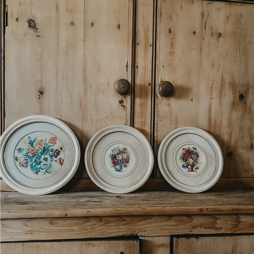 Trio of 1800s Circular Frames Floral Prints